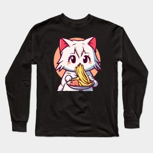 Cat Eating Spaghetti Adorable Anime Kitten Long Sleeve T-Shirt